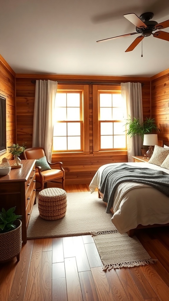 Cozy bedroom with warm wood finishes, large windows, and soft furnishings