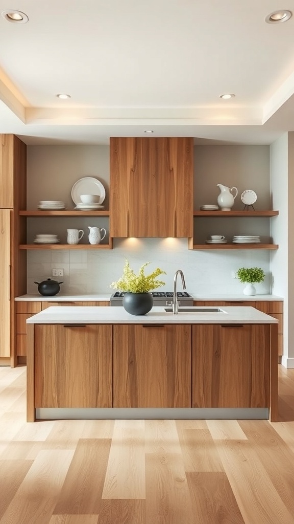 A modern kitchen featuring warm wood tones and open shelving, with a central island and stylish dishware displayed.