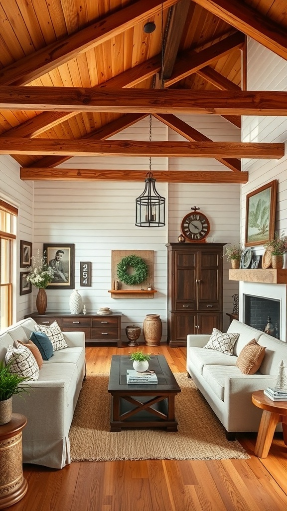 A cozy living room featuring warm wooden beams, shiplap walls, and rustic decor.