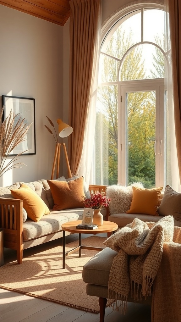 Gemütlicher Raum mit warmen Erdtönen, einem Sofa, Kissen und einem großen Fenster.