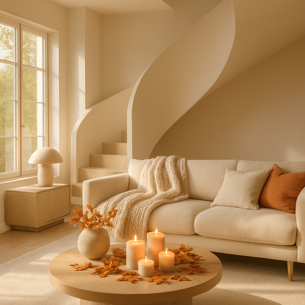 Gemütliches Wohnzimmer mit DIY-Kerzen, einer hellen Couch und herbstlicher Dekoration.