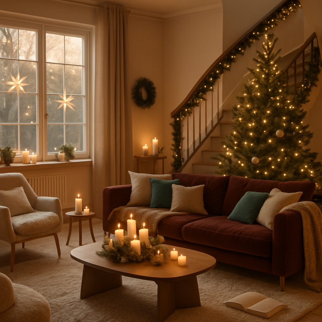 Gemütliches Wohnzimmer mit Kerzenlicht, rotem Sofa und Weihnachtsbaum