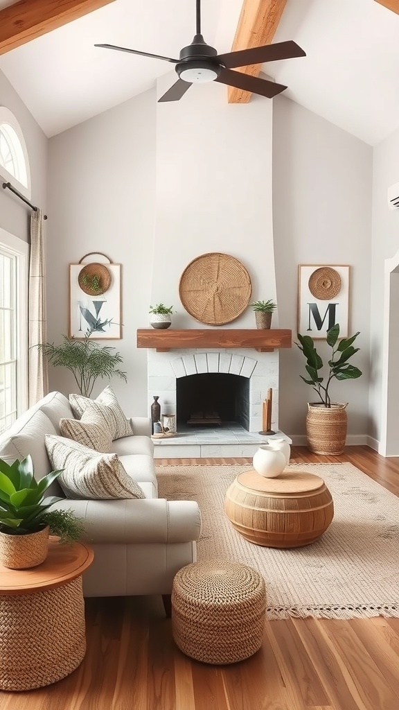 Cozy living room with natural materials, featuring wooden beams, woven baskets, and plants.