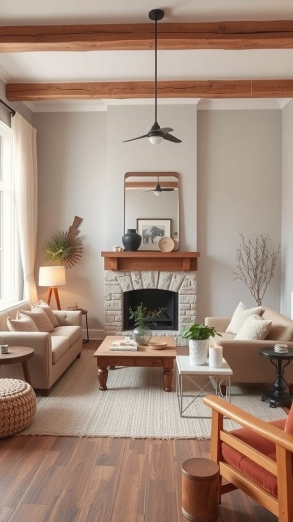 A cozy living room with wood accents, featuring a stone fireplace, wooden beams, and comfortable seating.