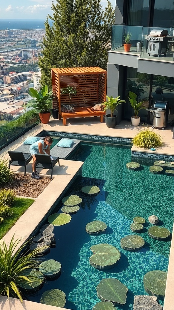 Ein moderner Naturpool mit Pflanzen und Steinen, umgeben von einer schönen Aussicht.