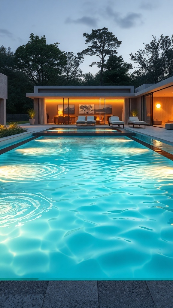 Ein moderner Pool mit sanftem Wasser und Lichtspielen, umgeben von Bäumen und einem stilvollen Wohnbereich.