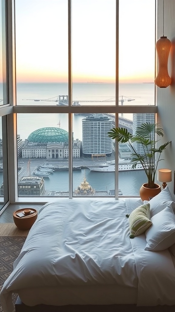 Luxuriöses Schlafzimmer mit Wasser-Elementen und Blick auf die Stadt