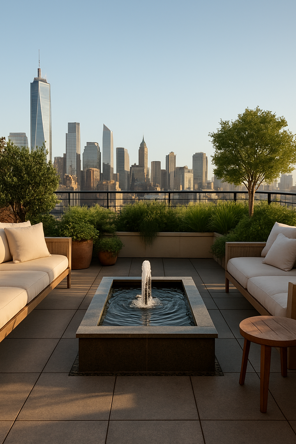 Luxuriöse Dachterrasse mit Wasser-Elementen und Pflanzen