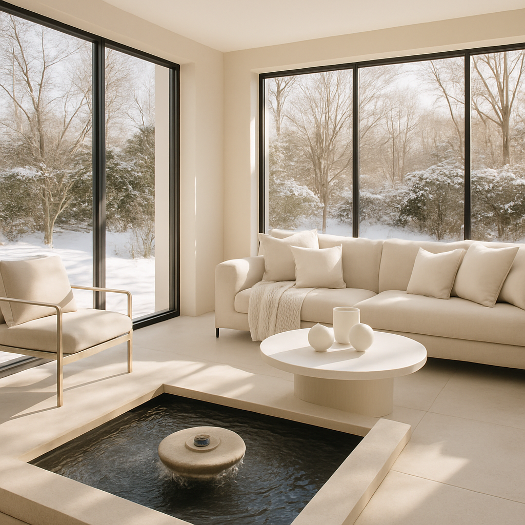Moderner Wintergarten mit Wasser-Element und Blick auf verschneite Landschaft