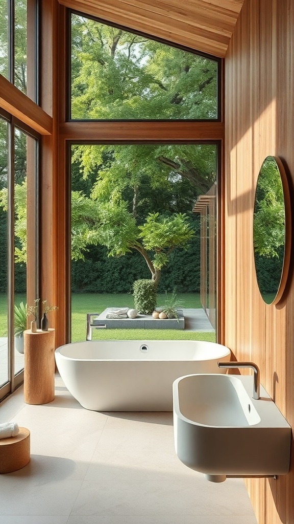 Modernes Badezimmer mit nachhaltigen Armaturen und großen Fenstern