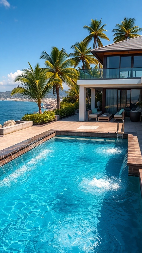 Ein luxuriöser Vitality Pool mit Wasserfall und Blick auf das Meer, umgeben von Palmen.