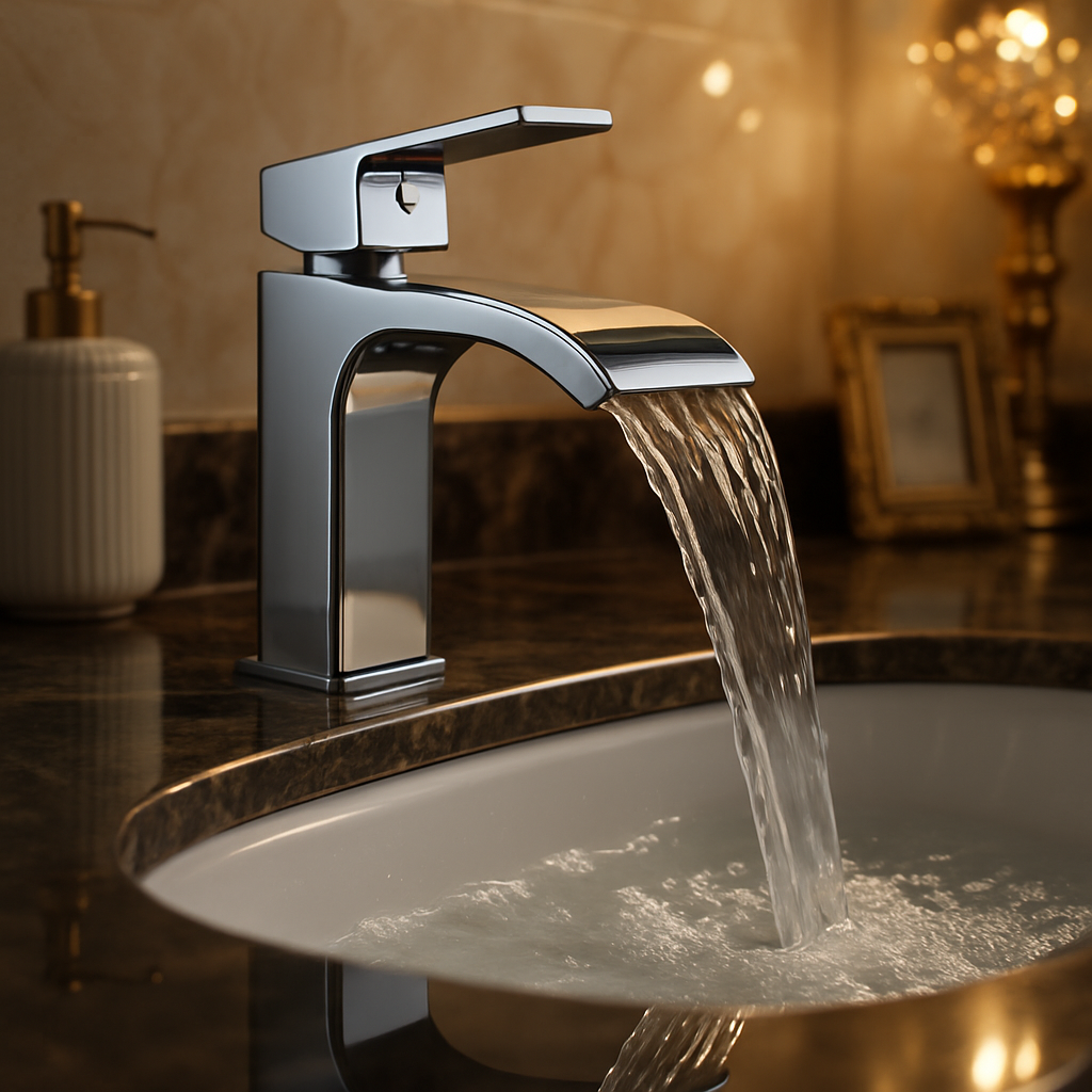 Moderne Wasserfall-Armatur in einem luxuriösen Badezimmer