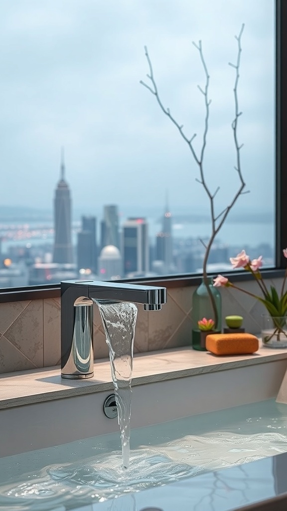 Moderne Wasserfall-Armatur mit Blick auf die Stadt im Hintergrund
