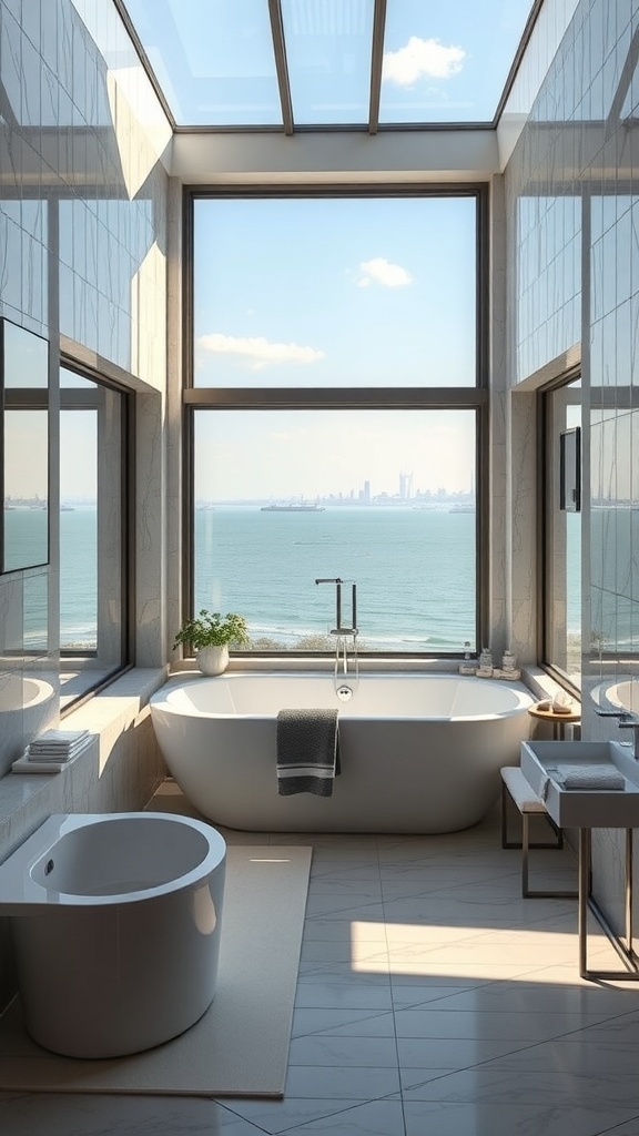 Moderne Wasserfall-Dusche mit Blick auf die Stadt und das Meer