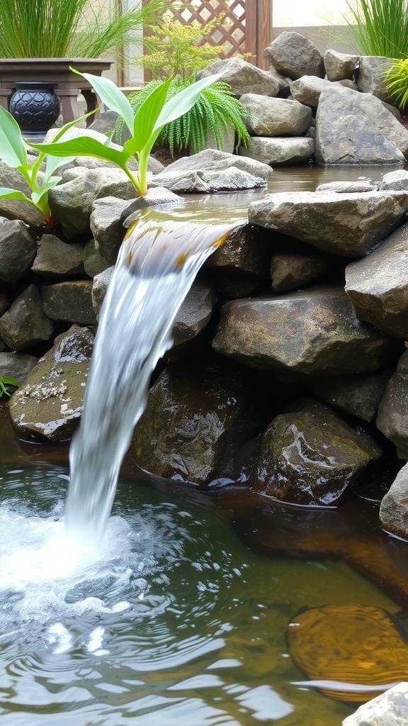 Ein Naturpool mit einem Wasserfall, der über Steine fließt, umgeben von Pflanzen und einem modernen Haus.