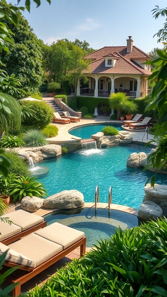 Ein luxuriöser Garten mit einem Teich und Wasserfall, umgeben von Pflanzen und Liegen.