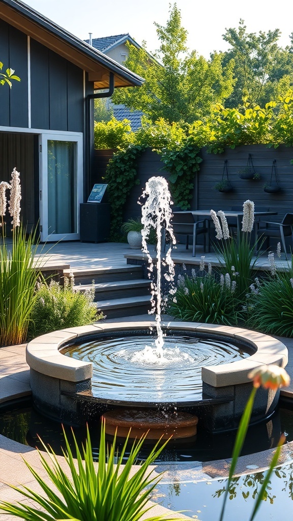 Ein moderner Brunnen in einem Garten, umgeben von Pflanzen und einem eleganten Außenbereich.