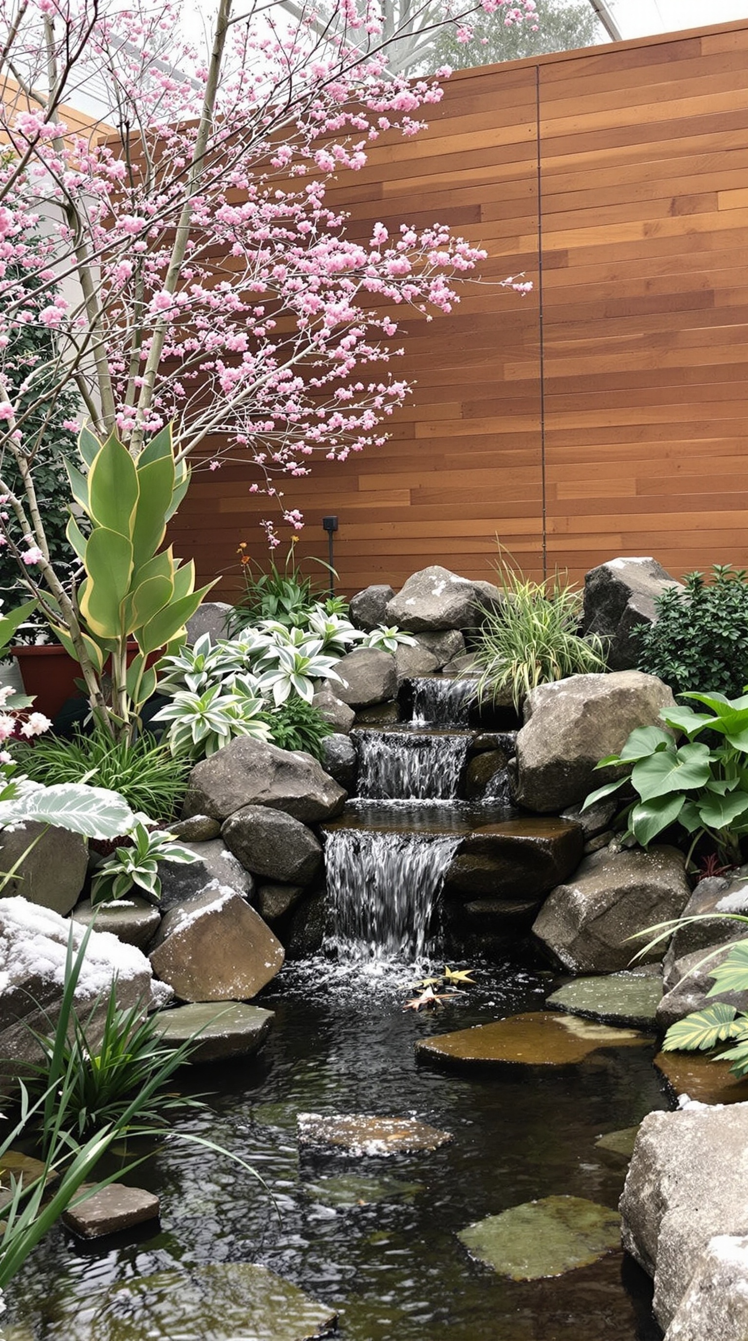 Ein moderner Wintergarten mit einem Wasserspiel und vielen Pflanzen.