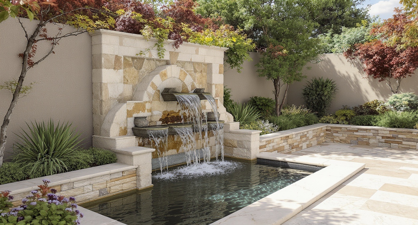 Moderne Terrasse mit Wasserfeature und stilvollem Sofa