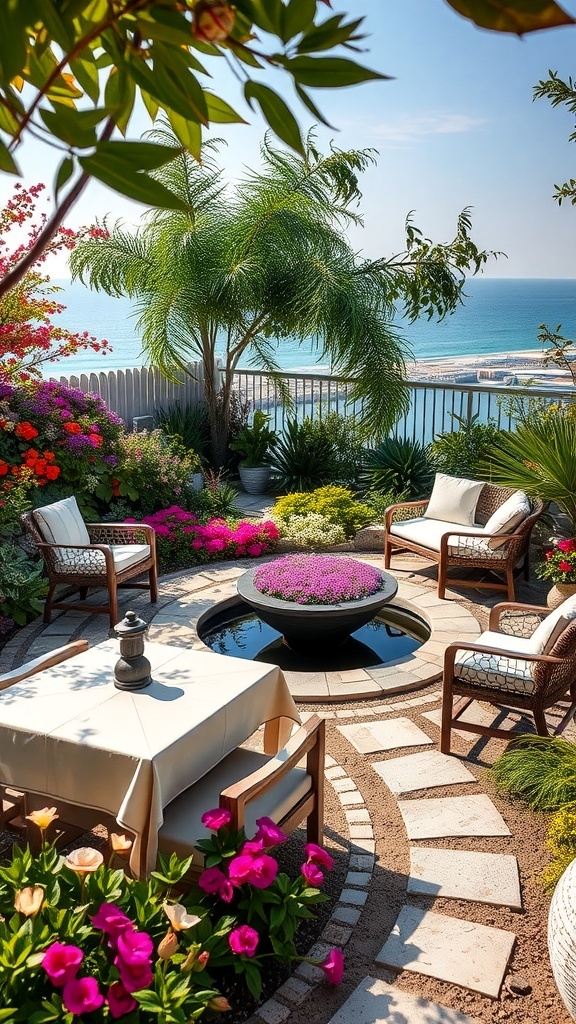 Eine entspannende Gartenlounge mit einem Wasserbecken und bunten Blumen.
