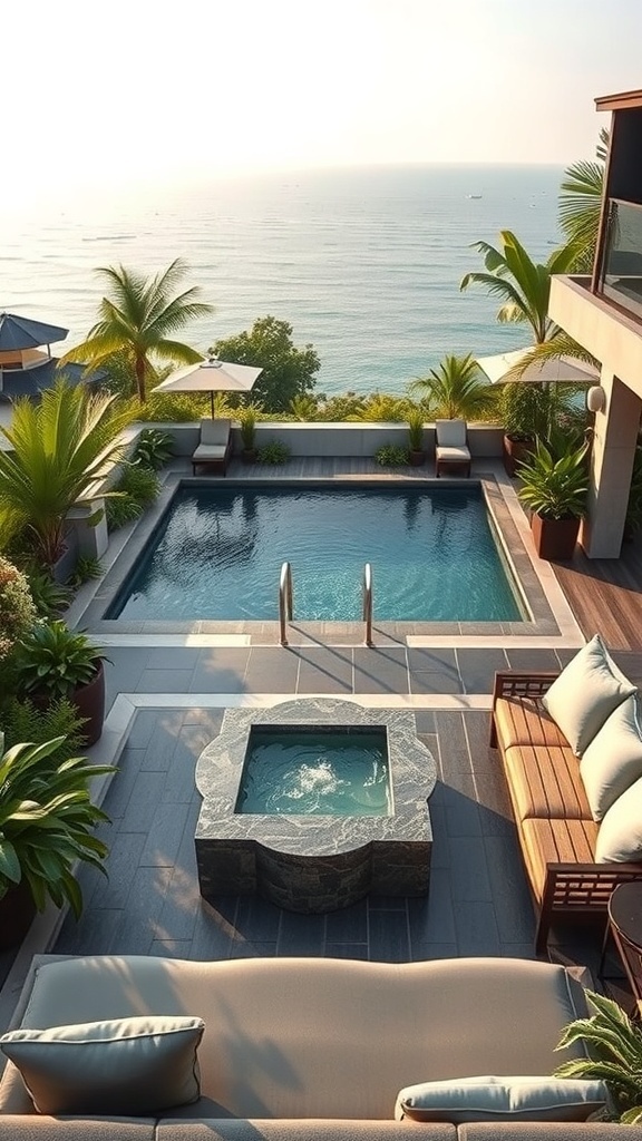 Ein eleganter Garten mit einem Pool und einem Whirlpool, umgeben von Pflanzen und Sonnenschirmen.