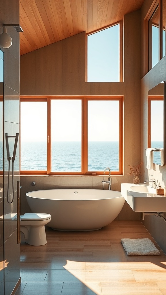 Modernes Japandi-Badezimmer mit großen Fenstern und freistehender Badewanne