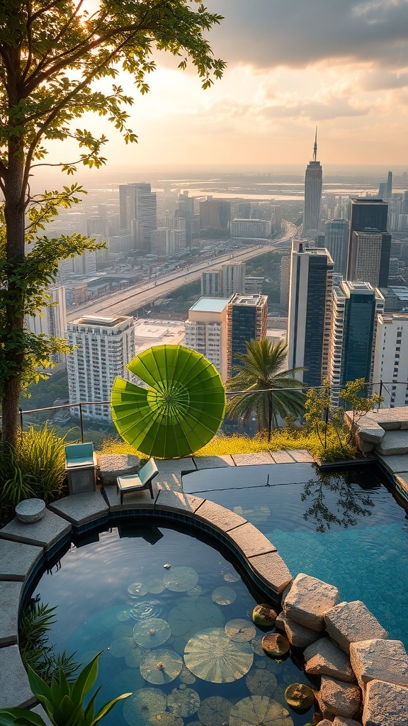 Ein luxuriöser Naturpool mit Wasserpflanzen und Blick auf den See
