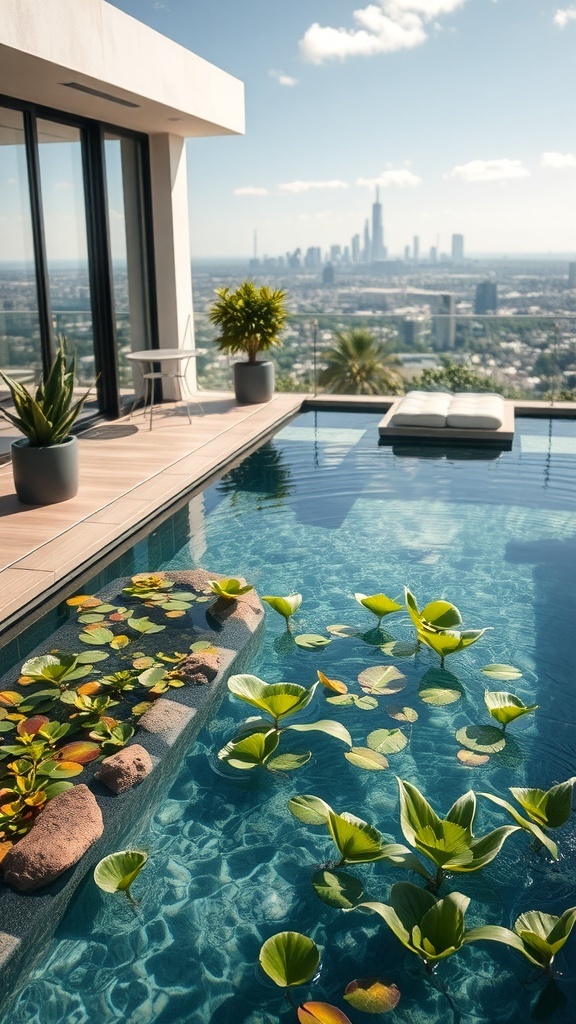 Ein moderner Naturpool mit Wasserpflanzen und Blick auf die Stadt.