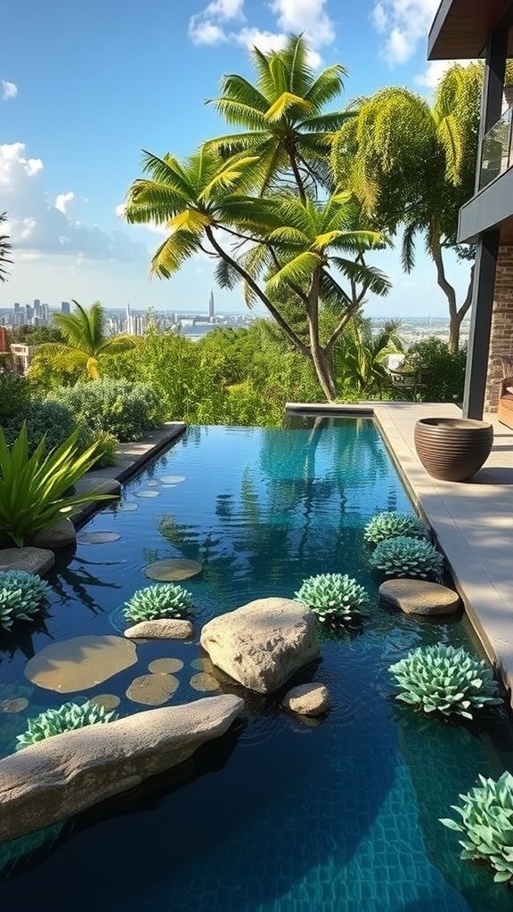 Ein moderner Naturpool mit Wasserpflanzen und einem Mann, der im Wasser steht.