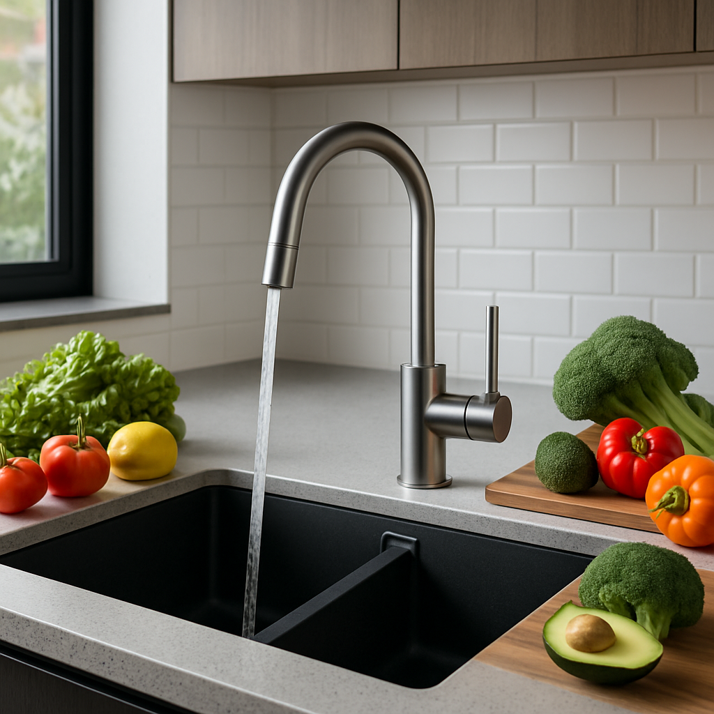 Moderne wassersparende Armatur in einer stilvollen Küche mit frischem Gemüse