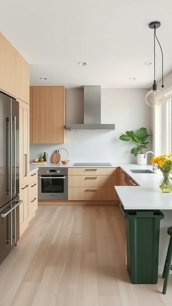 A modern kitchen featuring natural wood cabinetry, a green waste bin, and plants, emphasizing eco-friendly design.