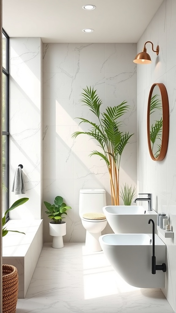 A modern bathroom featuring water-conserving fixtures, plants, and natural light.