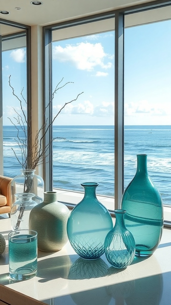 A collection of blue and green glass vases on a countertop with an ocean view in the background.