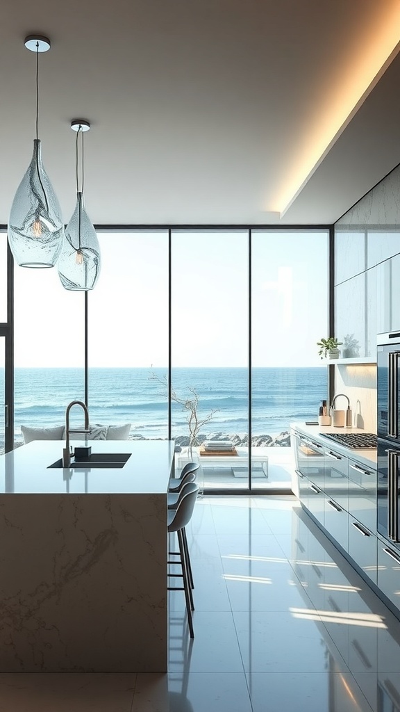 A modern kitchen with water-inspired pendant lights and a view of the ocean.