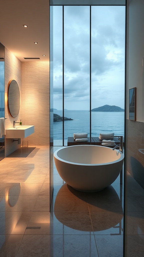 A modern bathroom with a round bathtub, large windows overlooking the ocean, and polished surfaces reflecting light.
