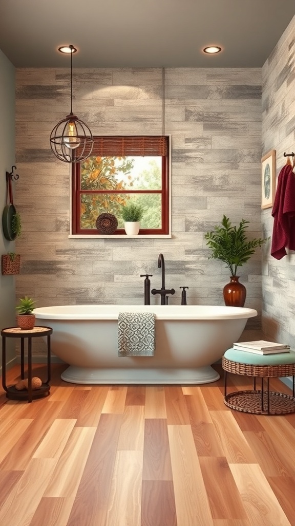 A stylish bathroom featuring water-resistant laminate flooring, a freestanding bathtub, and natural light from a window.