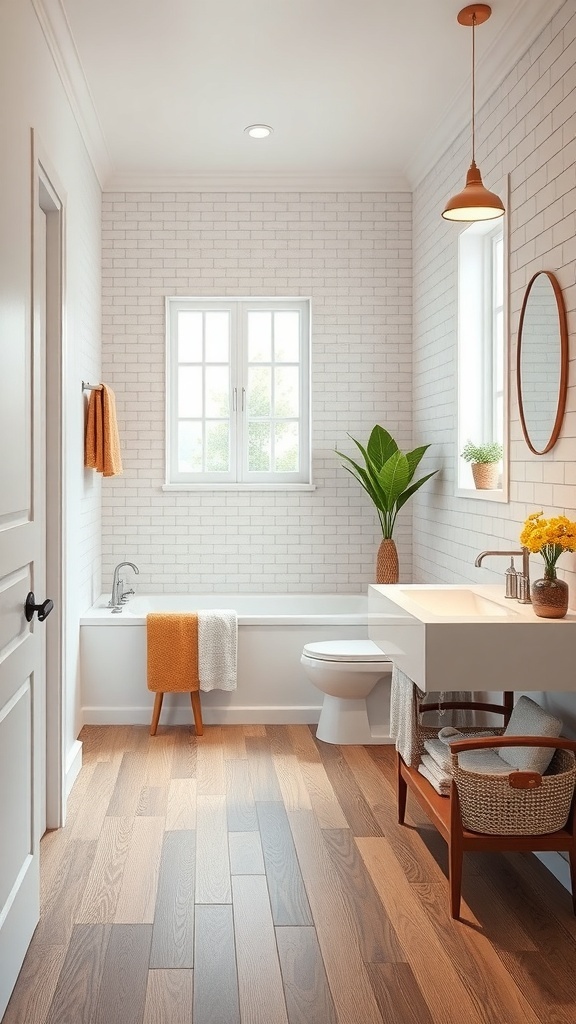 A bright bathroom featuring water-resistant laminate flooring, white walls, and modern fixtures.