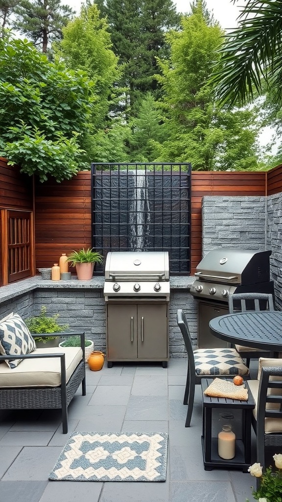 A cozy outdoor grill corner featuring a waterfall, comfortable seating, and lush greenery.