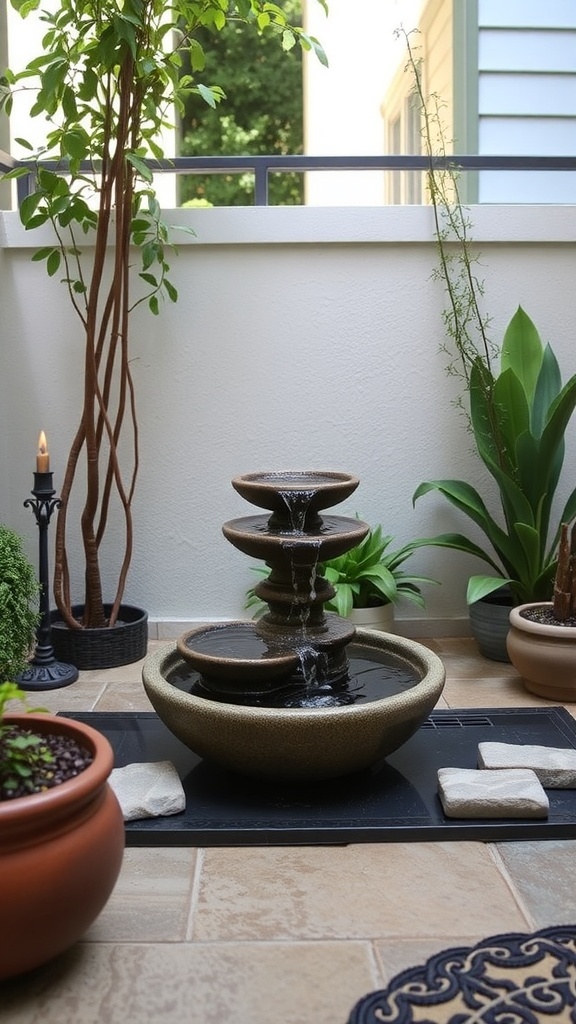 A small tiered water feature surrounded by stones and plants in a backyard patio.