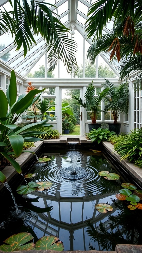 A beautiful conservatory with a tranquil pond, surrounded by lush plants and greenery.