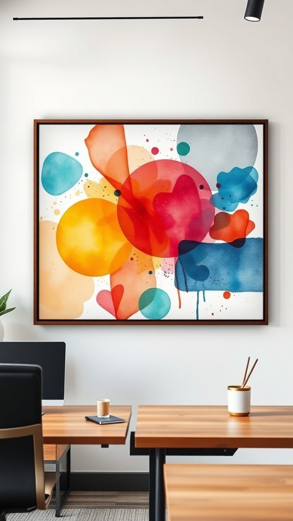 Colorful abstract watercolor art featuring vibrant splashes of orange, blue, and red.