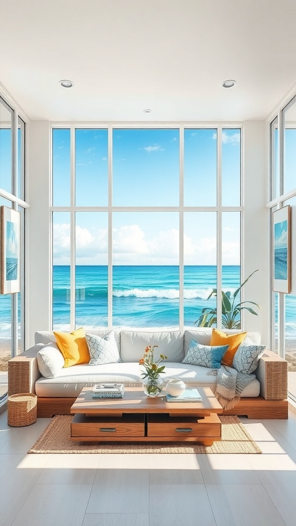 A bright living room with ocean views, featuring a cozy sofa and watercolor paintings on the walls.