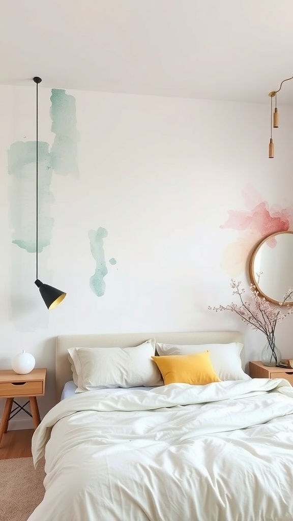 A bedroom featuring soft watercolor wall art in green and pink shades, with neutral bedding and wooden furniture.