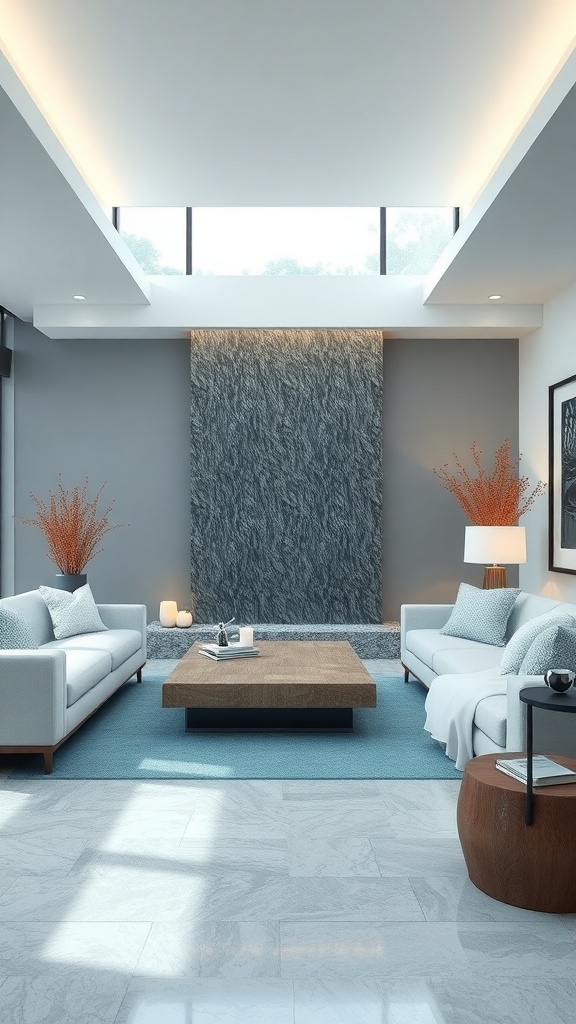 A modern living space featuring a waterfall wall, minimalist furniture, and natural light.