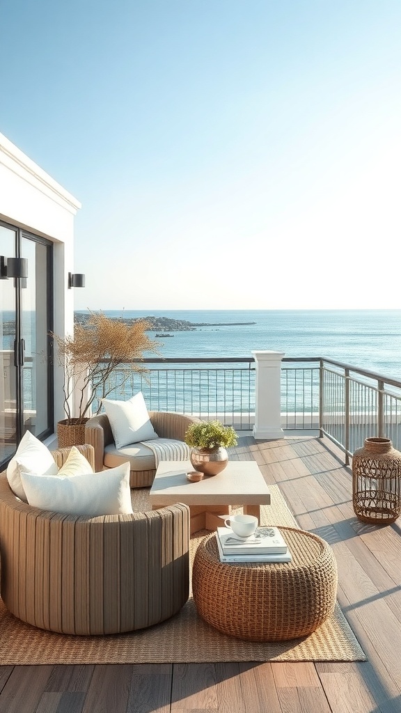 A cozy balcony with comfortable seating and a view of the ocean.