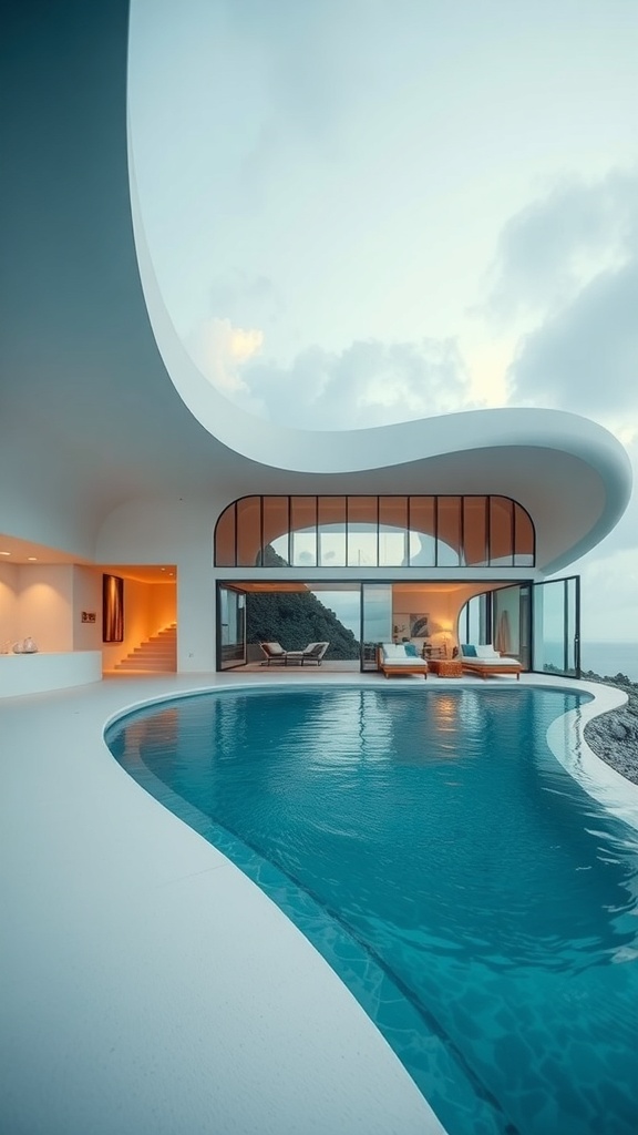 A modern home with wave-inspired architecture featuring a curved roof and a pool.
