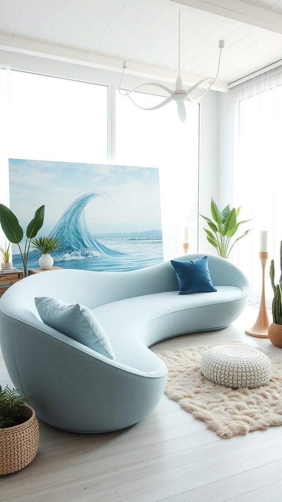 A wave-inspired sofa in a bright living room with ocean-themed decor.