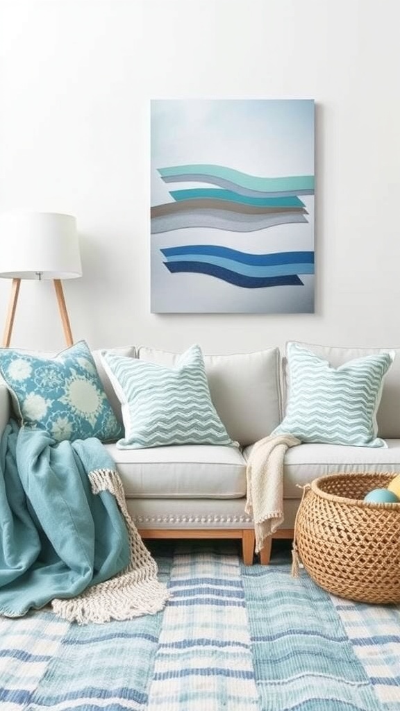 A cozy living room with wave-inspired textiles, featuring a light sofa, decorative cushions, a throw blanket, and a patterned rug.