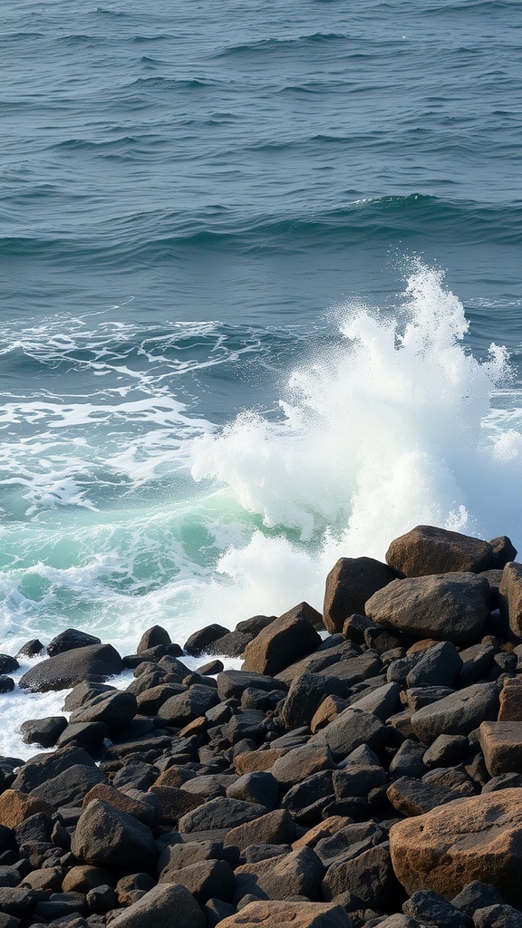 Waves crashing against a rocky shore with deep blue water and earthy rocks.