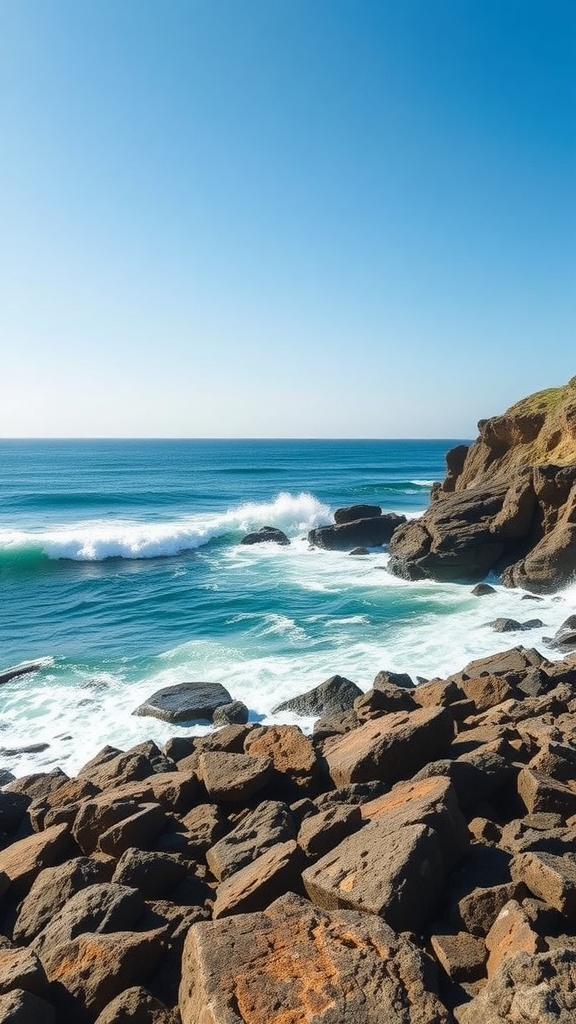 Waves crashing on a rocky shore with a clear blue sky